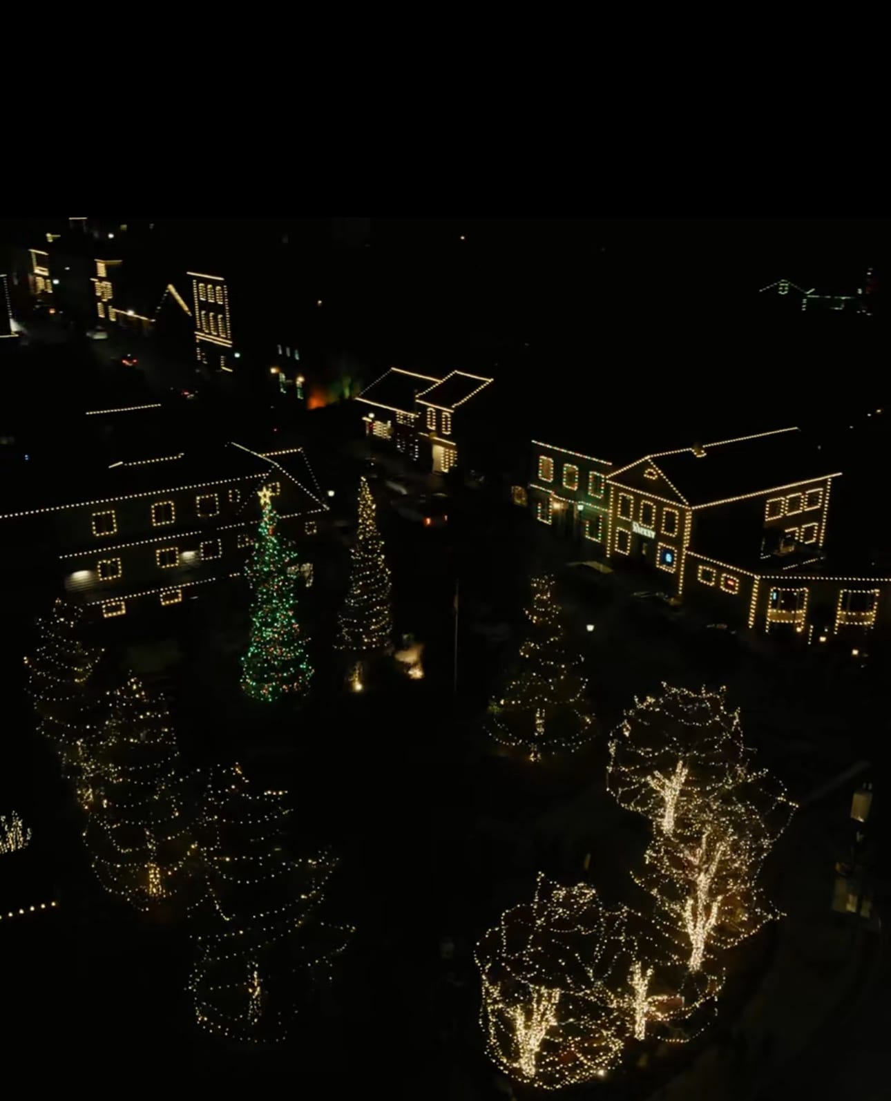 Drone view of downtown Elora with warm-white building outlines and illuminated trees
